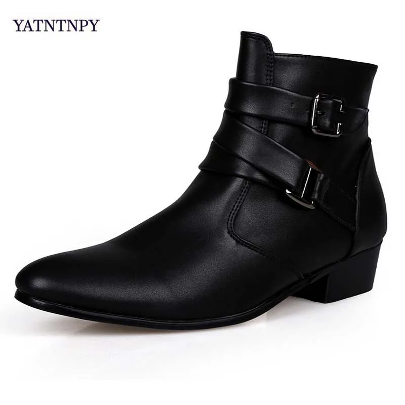 

YATNTNPY New big size Men Boots Fashion Vintage Zip Pointed Toe Boots Winter fur shoes Black PU Leather Martin boots white boots