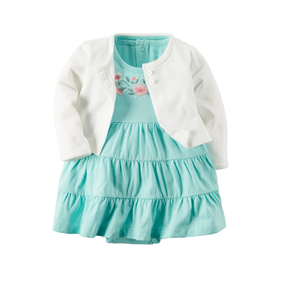 Боди-платье для маленьких девочек Хлопковое пальто с длинными рукавами и цветочным рисунком для маленьких девочек+ платье с короткими рукавами комплекты одежды из 2 предметов для маленьких девочек