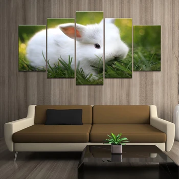 

Home Decor Poster HD Pictures Prints Canvas 5 Piece Modular Furry White Rabbit Animal Living Room Art Decorative Painting Framed