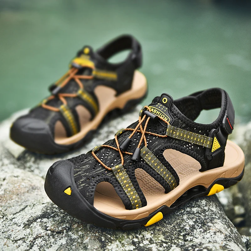 Summer outdoor leather sandals men's hand-stitched baotou straps sandals men's casual waterproof beach shoes crocse playa