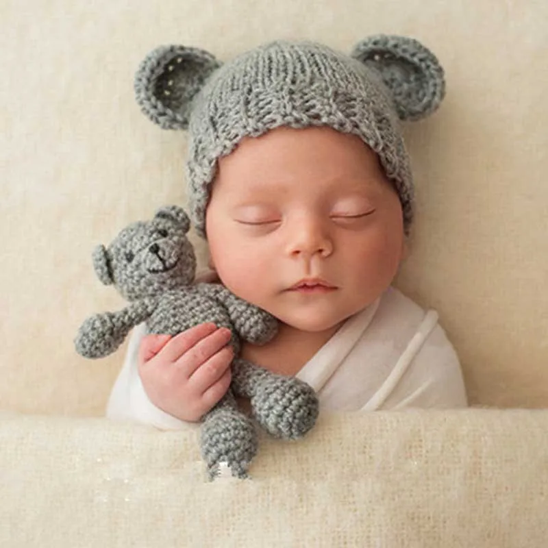 Newborn Photography Props Accessories Bear Hat Cap and Doll Sets Infant Soft Bonnet Handmade Knitted Beanie Toy