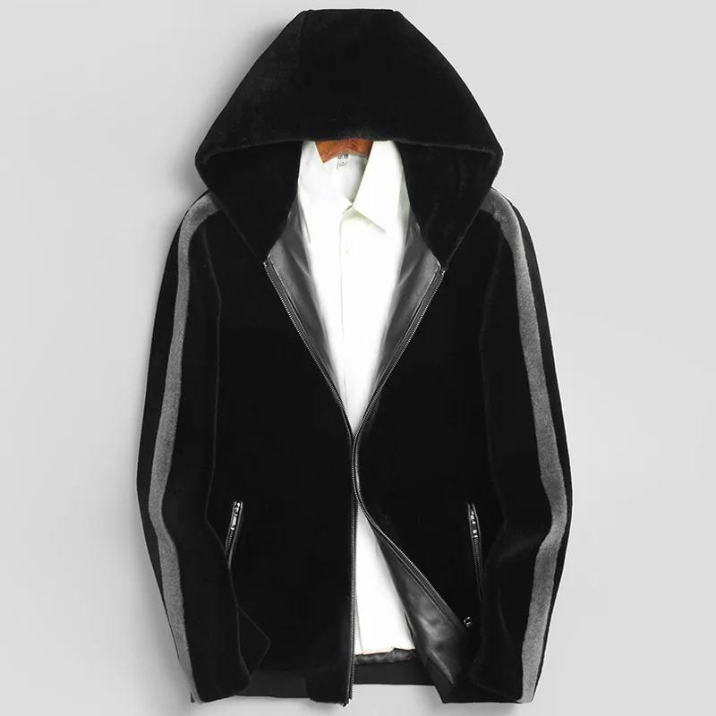 

Real Fur Coat Men Natural Wool Coat Spring Winter Sheep Shearing Jacket Mens Hooded Warm Outwear Veste Homme 1851 YY404