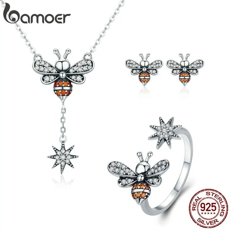 

BAMOER Genuine 100% 925 Sterling Silver Luminous CZ Insect Collection Bee Women Jewelry Set Sterling Silver Jewelry Gift ZHS056
