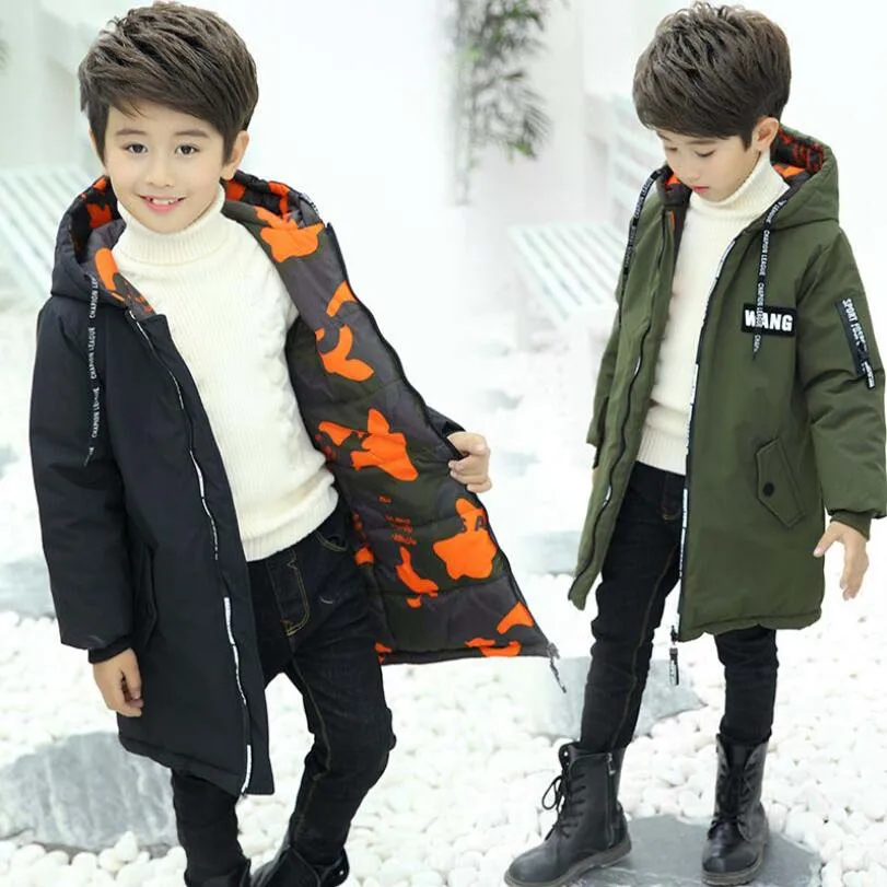 Baby boys costume 3-13T children winter cotton hooded boys warm jacket kids camouflage coat teenage long Double-sided wear coat