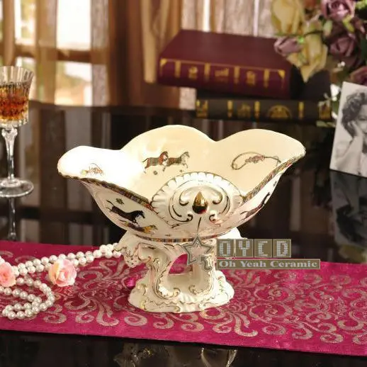

Porcelain fruit bowl ivory porcelain god horses design embossed outline in gold decorative fruit bowl housewarming gifts