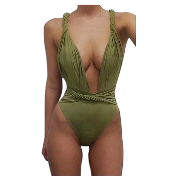 

SEWS Women Solid color Deep V Low cut Sling Conjoined Swimwear Green L