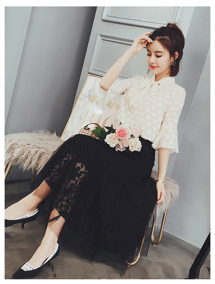 Trumpet Cuff Half Sleeve Bow Neckline Elegant Blouse Black Gauze Skirt Women 2 Piece Set Suit Summer Spring (6)