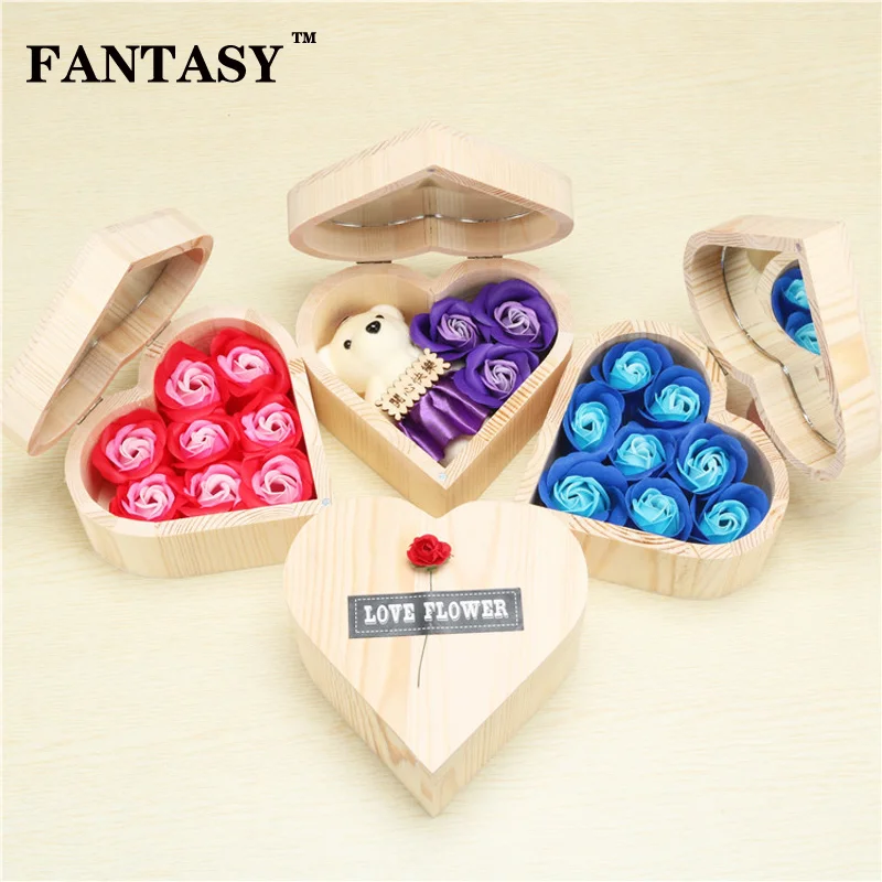 

FANTASY Soap Roses Flower Heads Rose Bear Artificial Flowers Head Heart Shape Wooden Gift Box For Valentine's Day Party Birthday