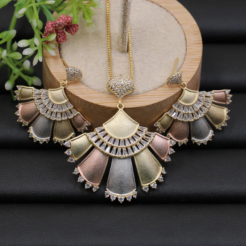

Lanyika Jewelry Set Trendy Original Fan Shape Drop Oil Sandblasting Plated Necklace with Earrings for Wedding Best Bridal Gifts