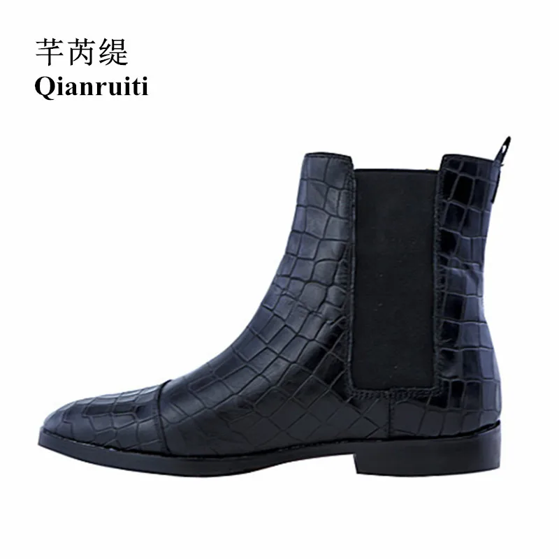 

Qianruiti EU39-EU46 Autumn Winter Men Split Leather Chelsea Boots Men Elastic band Vintage Style Western Street Alligator Boots