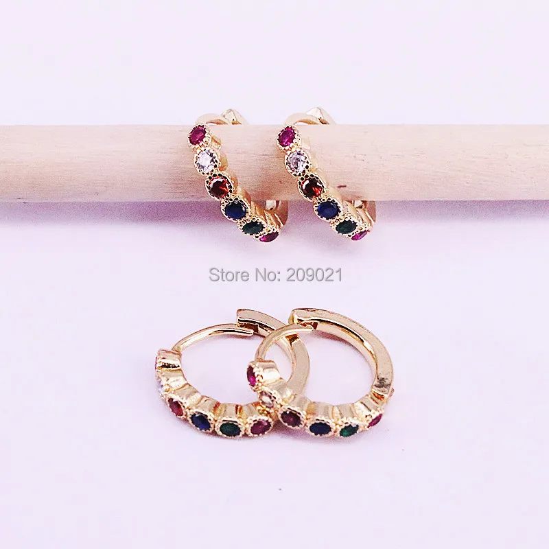 10Pairs 13mm, New gold color Micro pave rainbow cz circle hoop earring for women jewelry