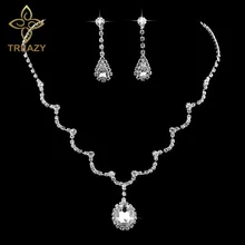 TREAZY волна форма капли кристалл свадебный набор украшений для женщин покрытые серебром со стразами ожерелье серьги Свадебный комплект украшений
