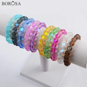 

BOROSA Design 10PCS New Arrival 10mm Electroplated Rainbow Glass Beads Bracelet Jewelry Handmade Mixed Color Bangle G1804