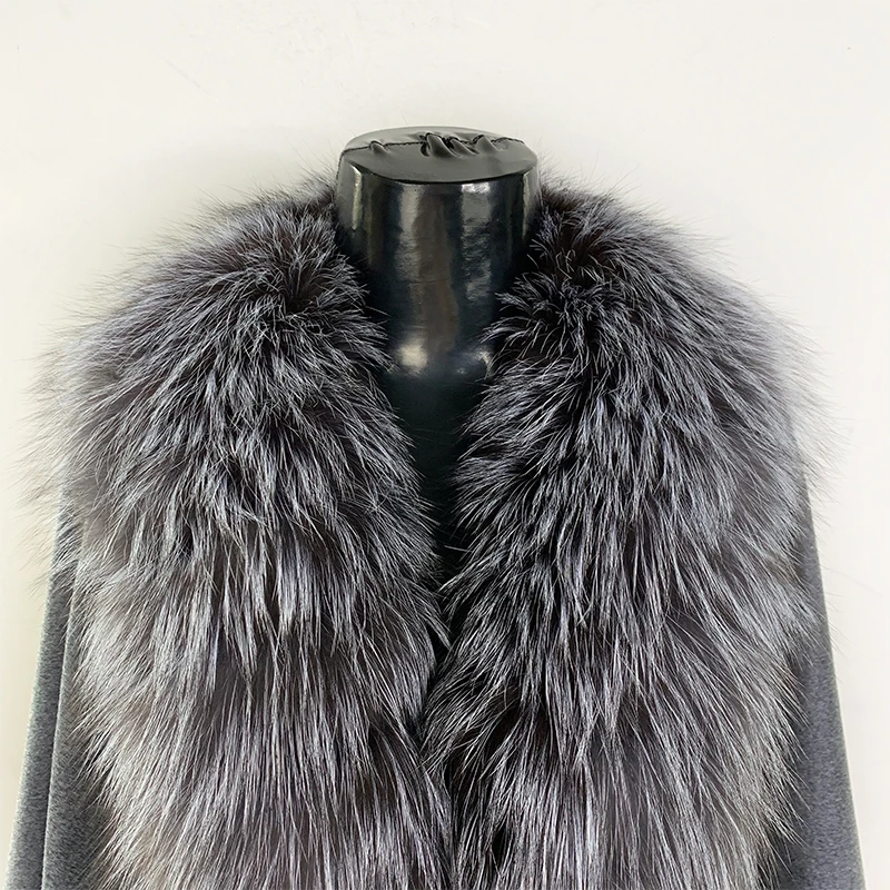 Fursarcar женская серая шерстяная накидка с натуральной большой Новая мода натуральный Лисий меховой воротник с поясом для женщин
