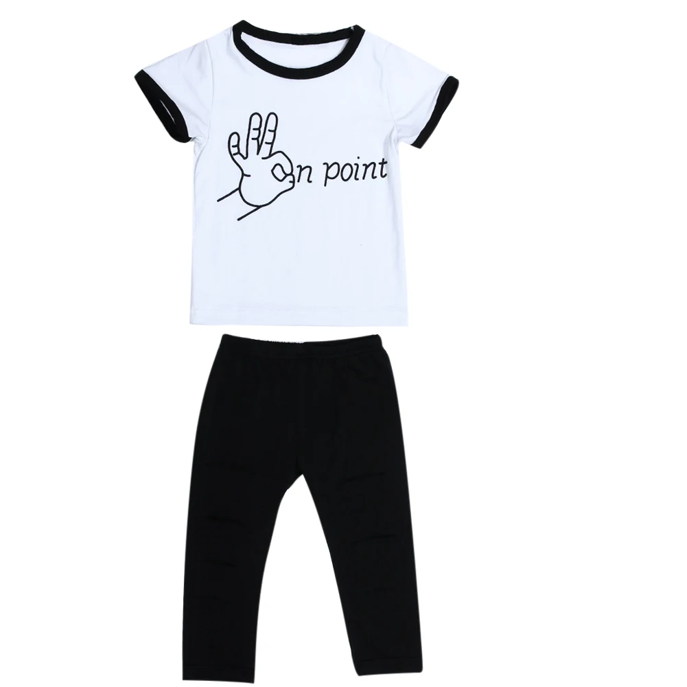 

2Pcs Baby Girls Casual Clothes Set Letters Print Short Sleeve White Tee T-Shirt Top + Black Holes Long Pants Girls Summer Outfit