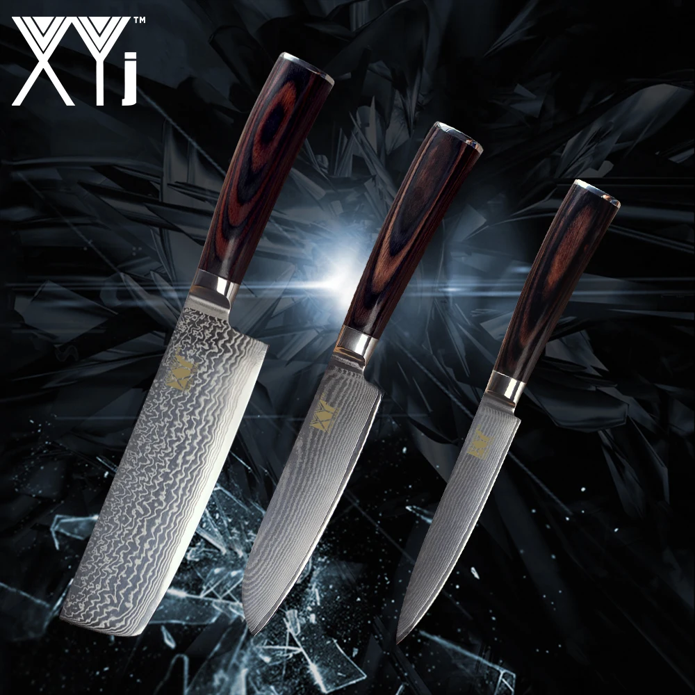 

XYj Damascus Kitchen Knife Set 3 Piece Damascus Steel VG10 Core Utility Santoku Chopping Knives New Arrival 2018 Cooking Tools