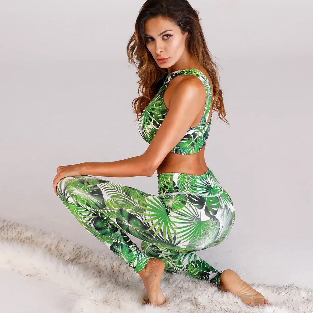 Женский комплект для йоги из 2 предметов, спортивный костюм с принтом зеленого дерева, тренировочный топ, штаны, уличная спортивная одежда для фитнеса, бега, женские комплекты для йоги