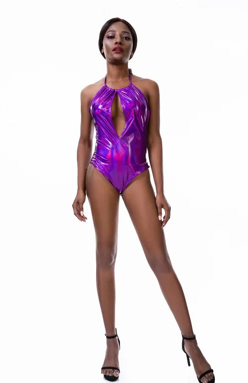 Сексуальное боди с открытой спиной и вырезом на шее, блестящее металлическое боди, летнее голографическое цельное боди, праздничная одежда - Цвет: purple