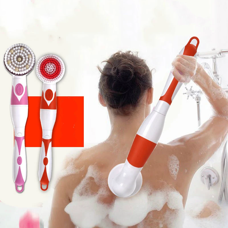 4 In 1 Electric Bath Brush Waterproof Long Handle Massage Brush Spa Battery with 4 Pcs