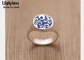 

Uglyless Genuine S990 Silver Ethnic Fine Jewelry Engrave Totem Patterns Women Vintage Rings Enamel Blue Round Finger Ring Bijoux