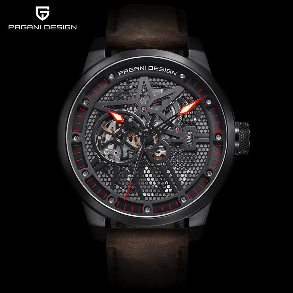 Механические часы Pagani Skeleton Tourbillon, Мужские Автоматические классические кожаные водонепроницаемые наручные часы, мужские часы, подарок