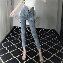 MUMUZI корейская версия Модные джинсы с высокой талией необработанные края Нерегулярные молнии джинсовые девять штанов тонкие утягивающие повседневные шаровары