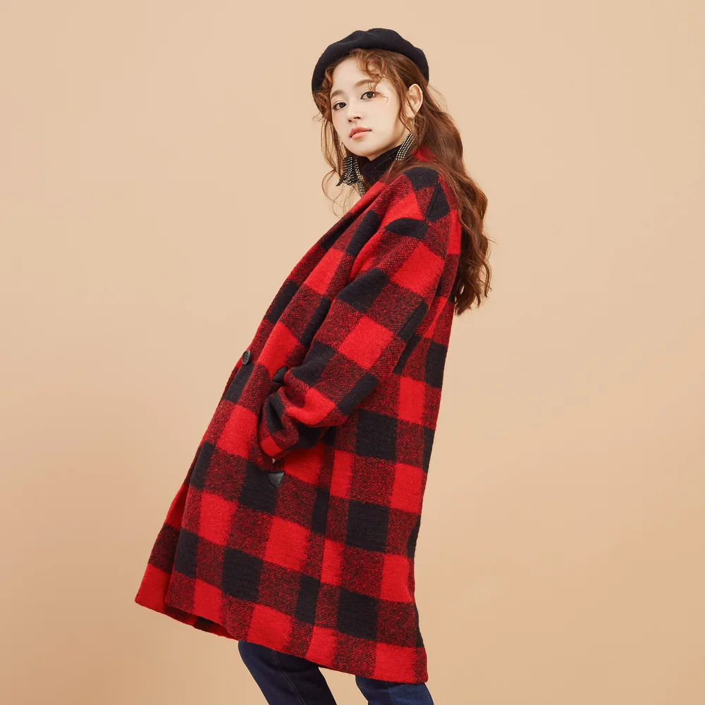 Coréenne Plaid Version Group D'hiver Nouvelle Green Long Manteau Femelle Metersbonwe Groups Automne Et Décontracté red CFqAgwA