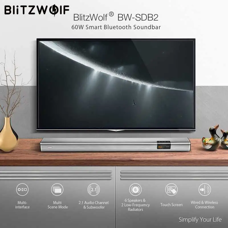 

BlitzWolf 60W Sound Bar Smart Soundbar 2.1 Audio Channel & Subwoofer 6 Speakers & 2 Low-Frequency Radiators for TV AUX COX OPT