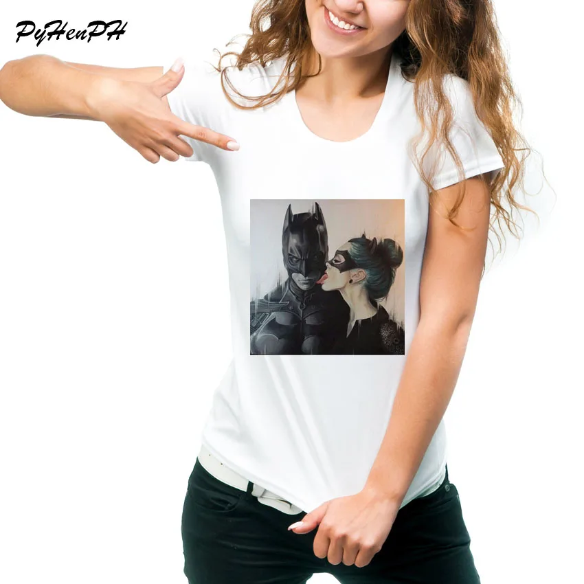 

New Summer Style Women Tops Cartoon Batman and Catwoman / Wonder Woman T Shirt Cool Tee Female Clothing Kiss tshirt