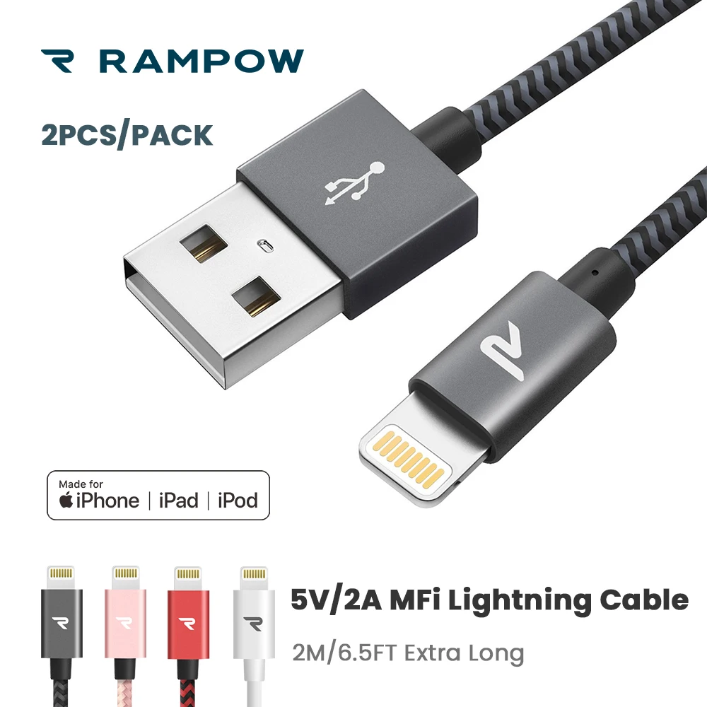 

[Lifetime Warranty] RAMPOW MFi Lightning Cable Fast Charging USB Cable for iPhone Cable X/XR/8/7 Plus for iPad-[2pcs/pack]