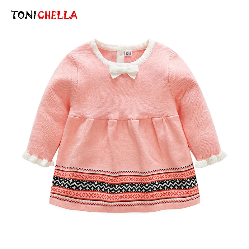 

Kids Girls Knitted Dress Long Sleeve Spring Autumn Long Sleeve Baby Infant Children Pink Princess Dresses With Cute Bow CL5135