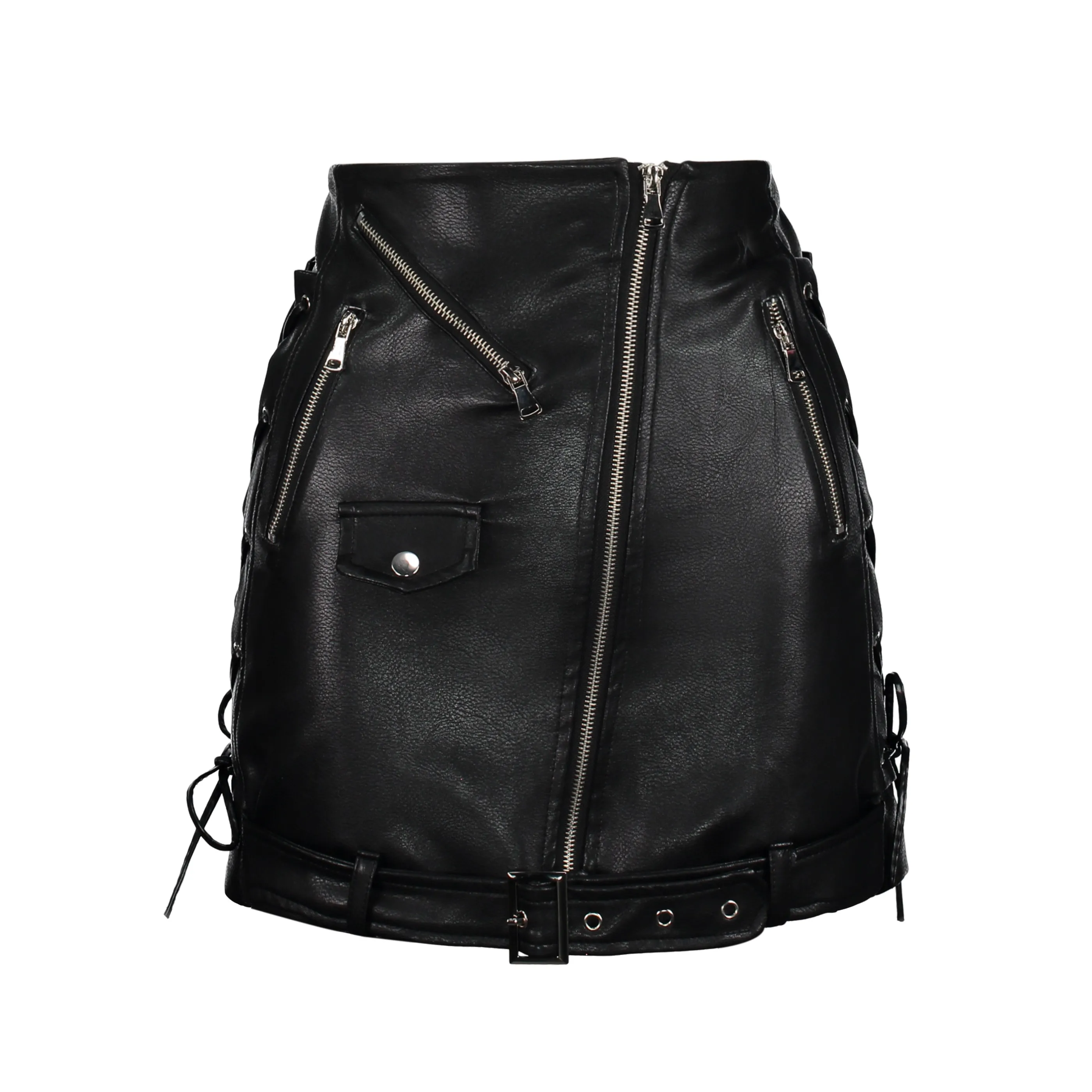

Women Mini Skirt PU Bodycon black Autumn zipper plain sexy cool pocket modern slim bow fake leather female work office lady