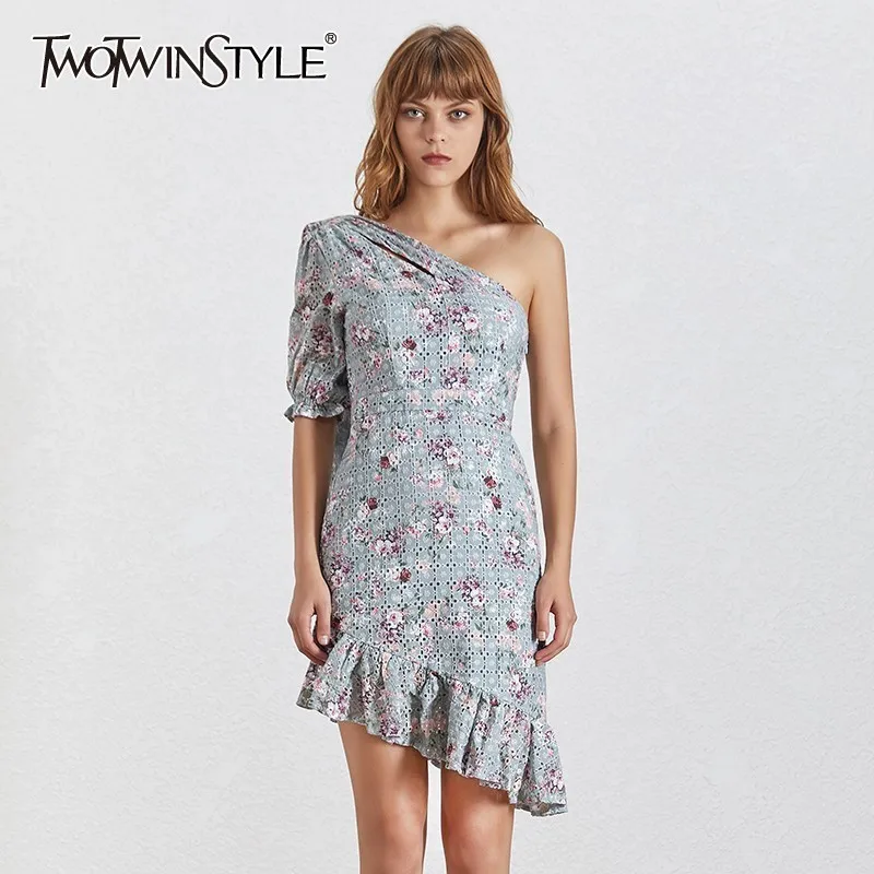 

TWOTWINSTYLE One Shoulder Print Women Dress Half Sleeve High Waist Hollow Out Ruffles Asymmetrical Dresses Female Summer 2019