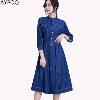 

New Elegant Sash Contrast Washed Lady Denim Dress 3/4 Sleeve Swing Buttons Patchwork Fashion Women Jean Dresses Vestido