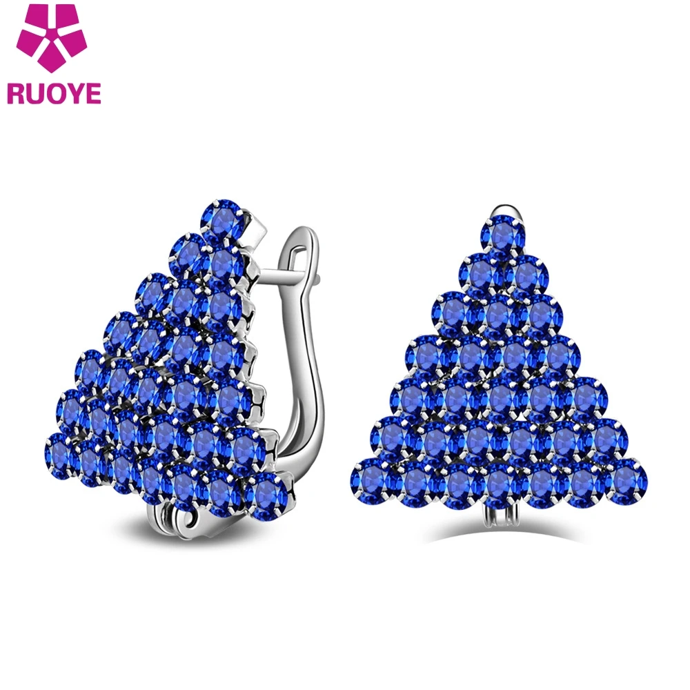 RUOYE, модные женские сине-белые роскошные Кристальные серьги-гвоздики, треугольный дизайн, серьги для женщин, серебряные серьги, ювелирное изделие