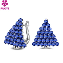 RUOYE, модные женские сине-белые роскошные Кристальные серьги-гвоздики, треугольный дизайн, серьги для женщин, серебряные серьги, ювелирное изделие