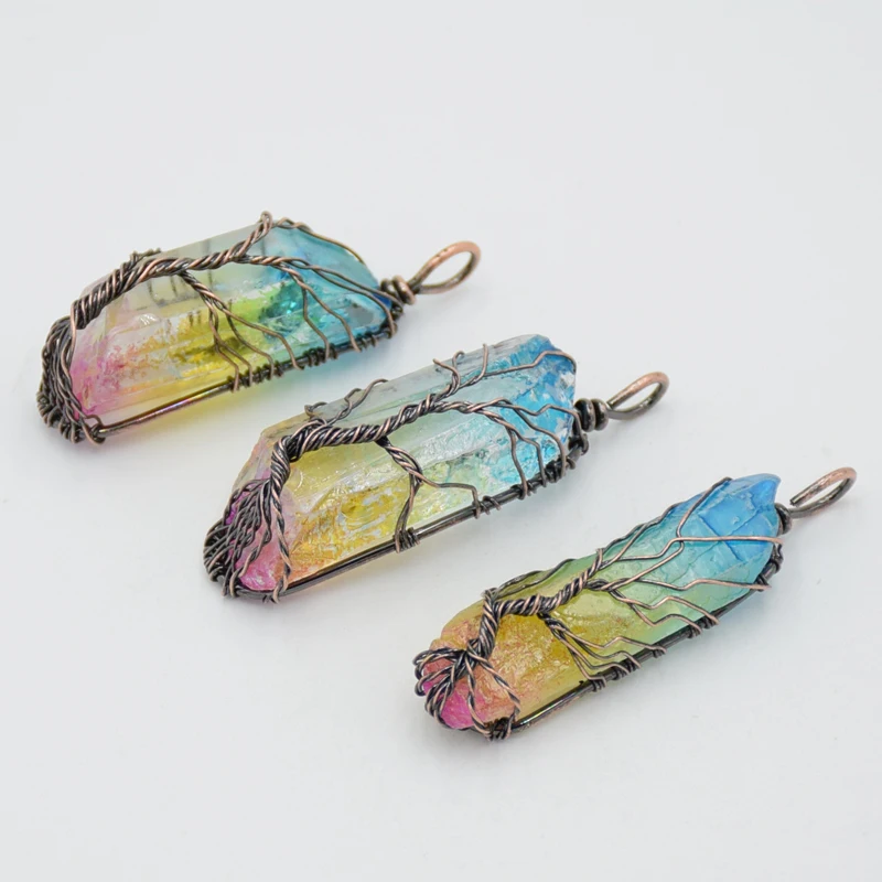 

Antique Handmade Wire 7 Chakra Natural Rainbow Stone Crystal tree of life Necklace Pendant for Women Men statement Jewelry