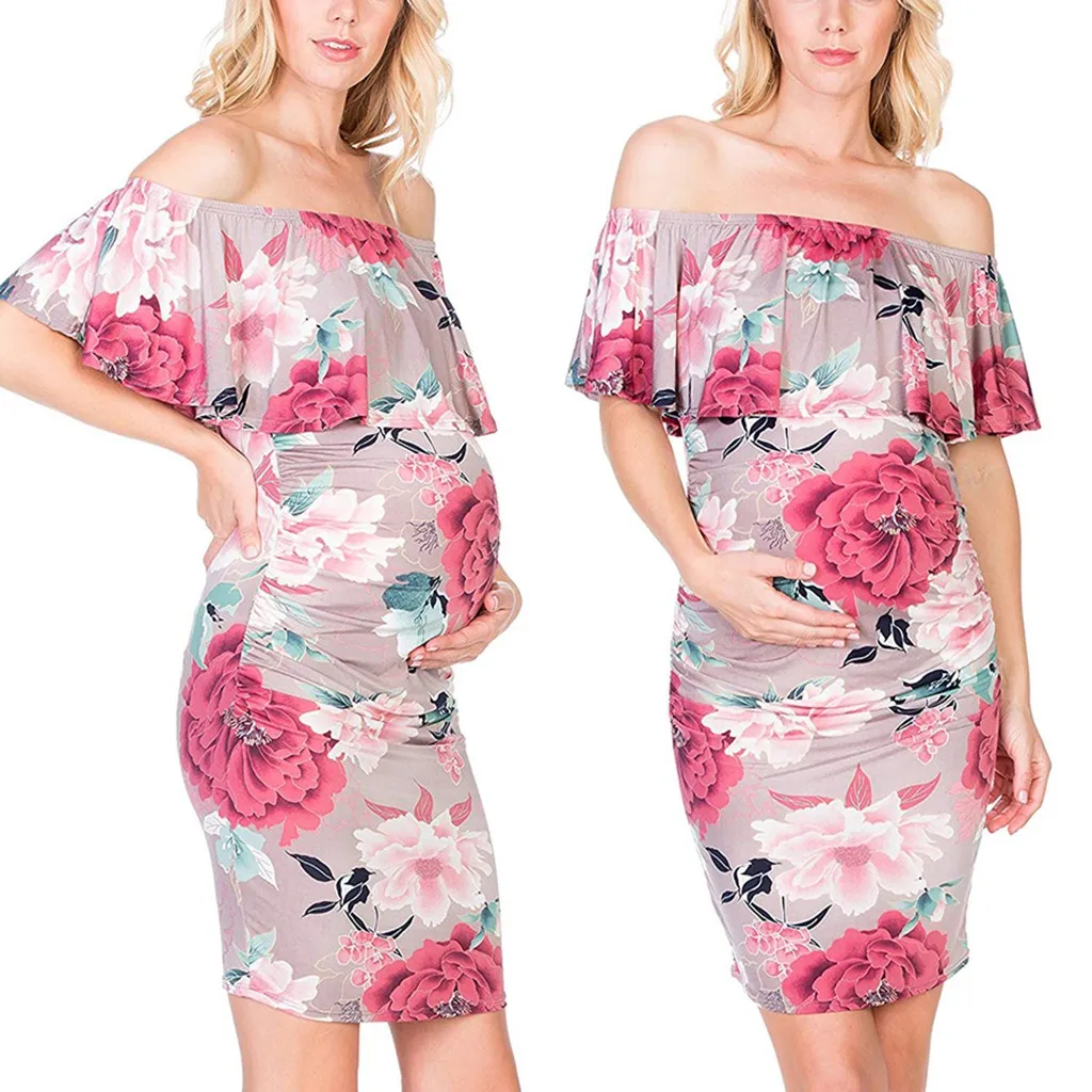 

Puseky Pregnant Dress Ruffle Off Shoulder Floral Maternity Dresses For Photo Shoot Chiffon Maternity Dress Party Clothes Ropa