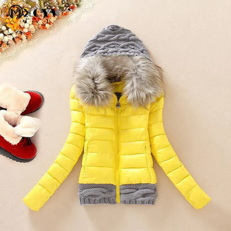 

Cotton Thicker Warm Long Sleeves Solid Jacket Slim Fur Collar Hooded Coat Parkas Outerwear Female Winter Down Jacket For Women