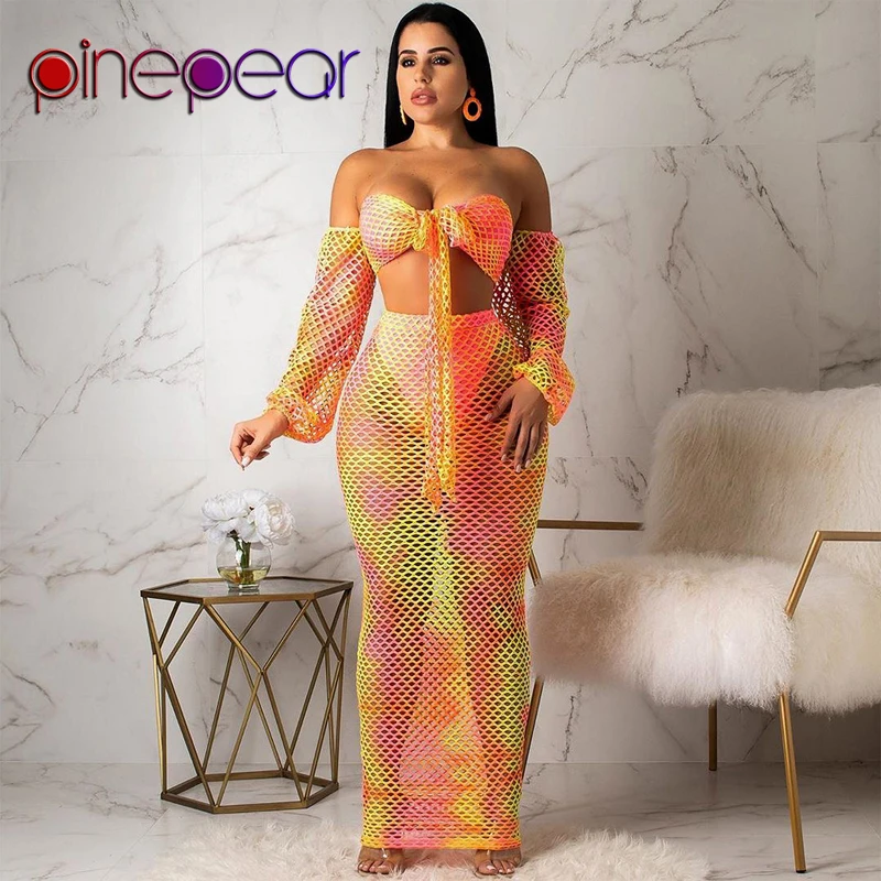 

PinePear Gradient Fishnet See Through Off Shoulder Bandage Crop Top Skirt Set Women Two Piece Outfits Beach Dress Drop Shipping