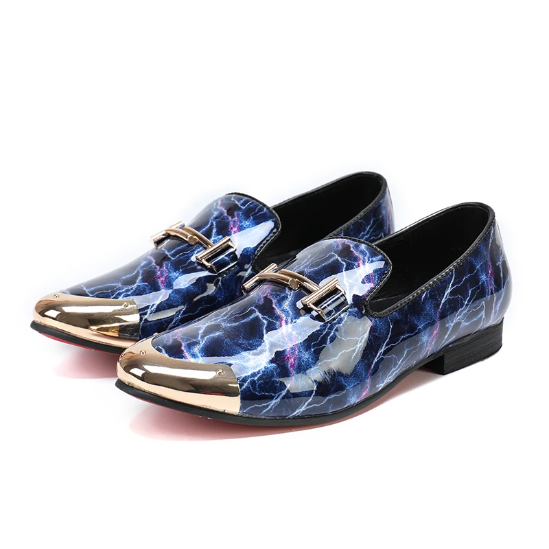 Blue Printed Gold Pointed Toe Men Dress Shoes Leather Italian Luxury