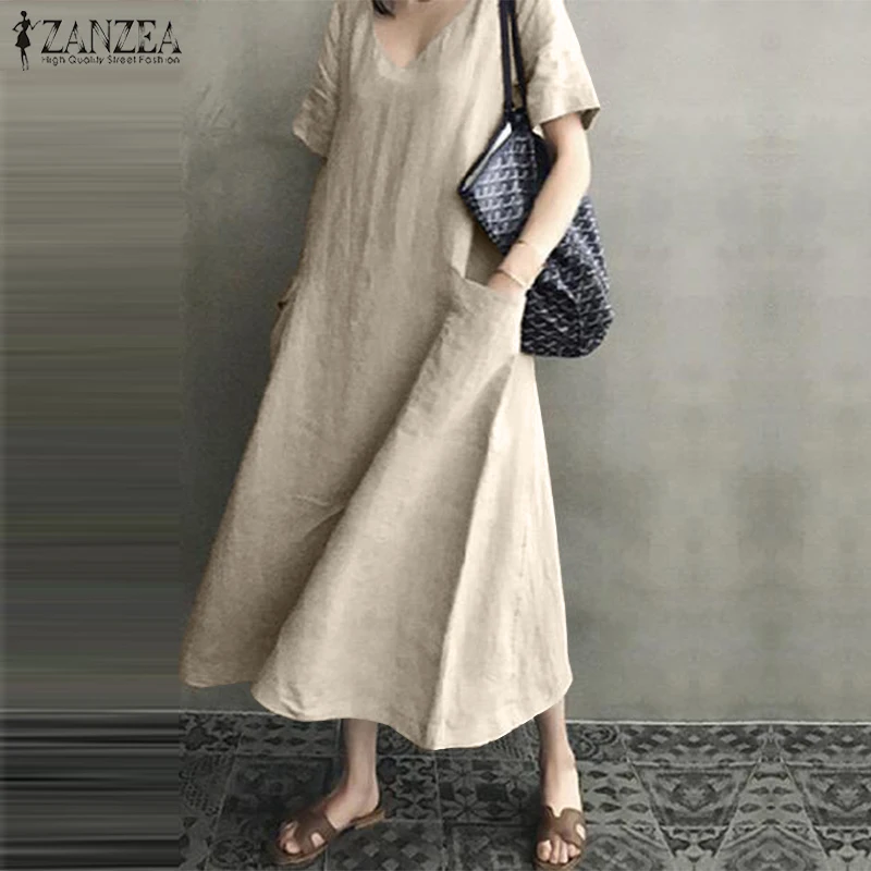 

2019 Plus Size ZANZEA Summer Sundress Women Casual Solid V Neck Short Sleeve Cotton Linen Elegant Party Dress Vestido Robe Femme