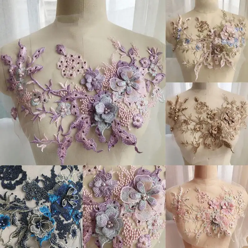3D свадебные жемчужные тюлевые бисерные цветы нашивки наклейки аксессуары Стразы ручной работы для одежды вышивка аппликация кружевная ткань