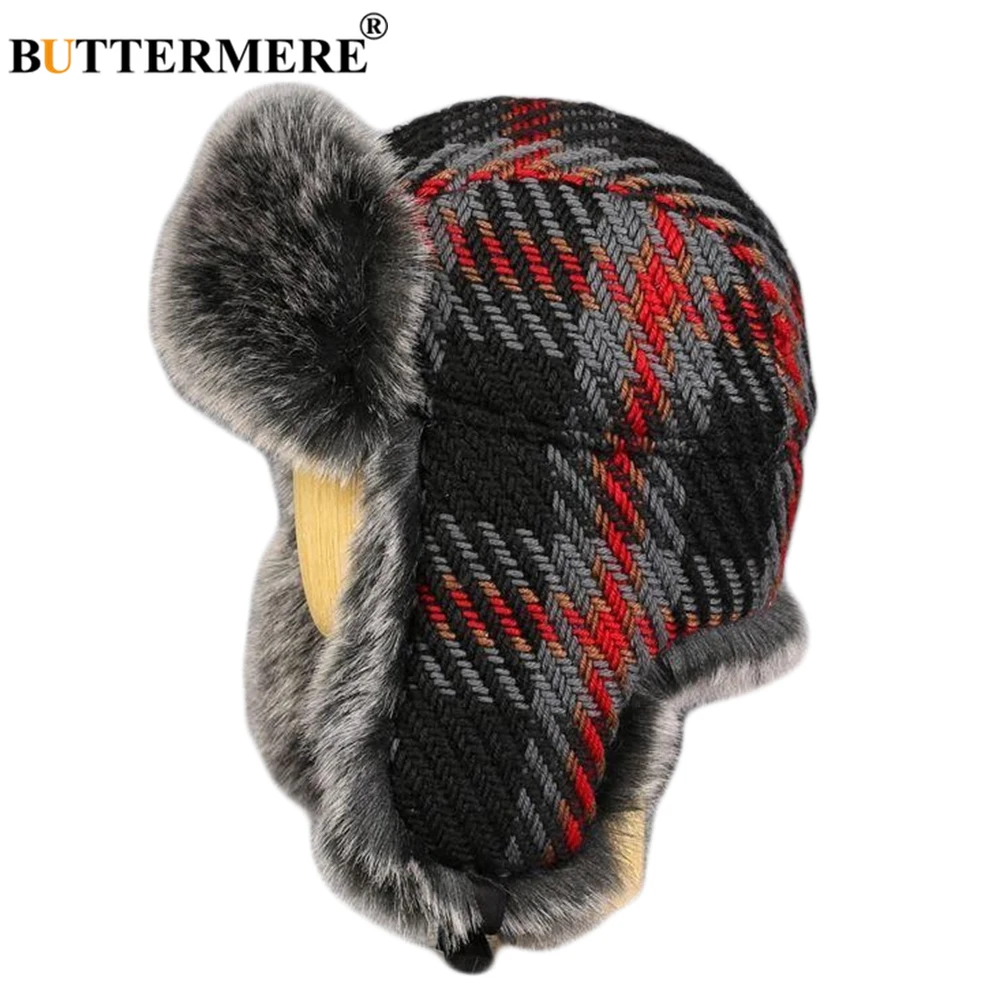 

BUTTERMERE Knitted Winter Cap Women Plaid Bomber Hats with Ear Flaps Male Thicker Grey Red Checkered Russian Ushanka Fur Caps