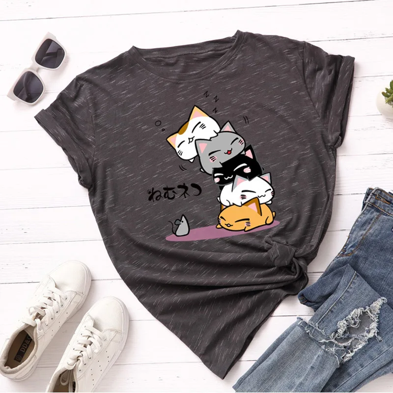 S-5XL, новинка, принт с милой кошкой, женская футболка, хлопок, круглый вырез, короткий рукав, летняя маленькая футболка с крысами, топы, повседневные, плюс футболки - Цвет: marble gray