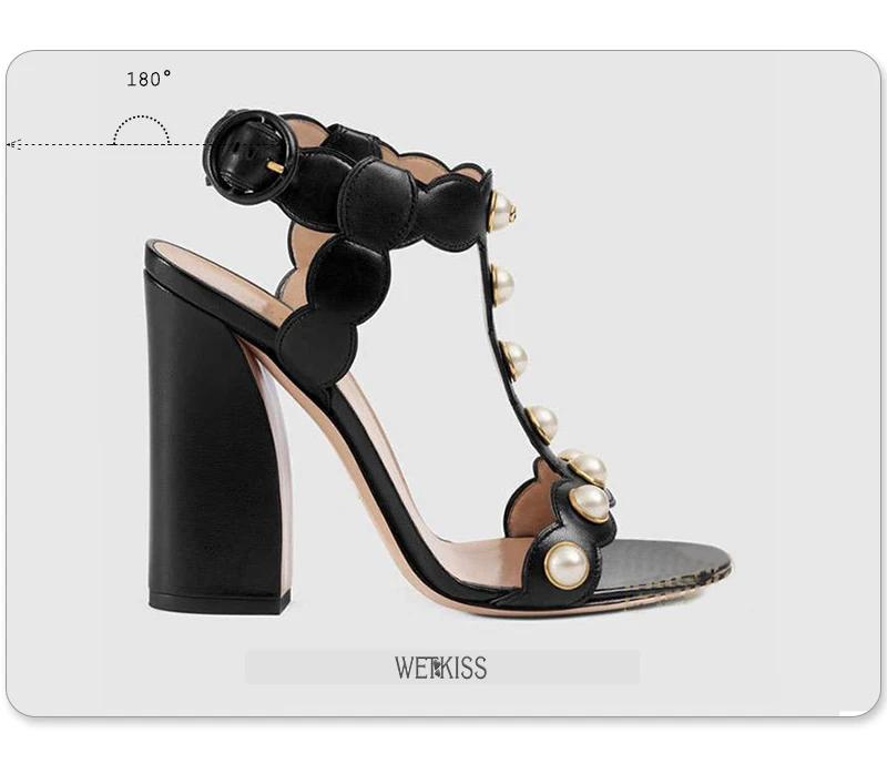 Wetkiss/Дизайнерские босоножки из натуральной кожи с Т-образным ремешком; женские босоножки на толстом высоком каблуке с жемчужинами; женская обувь; летние женские модельные туфли