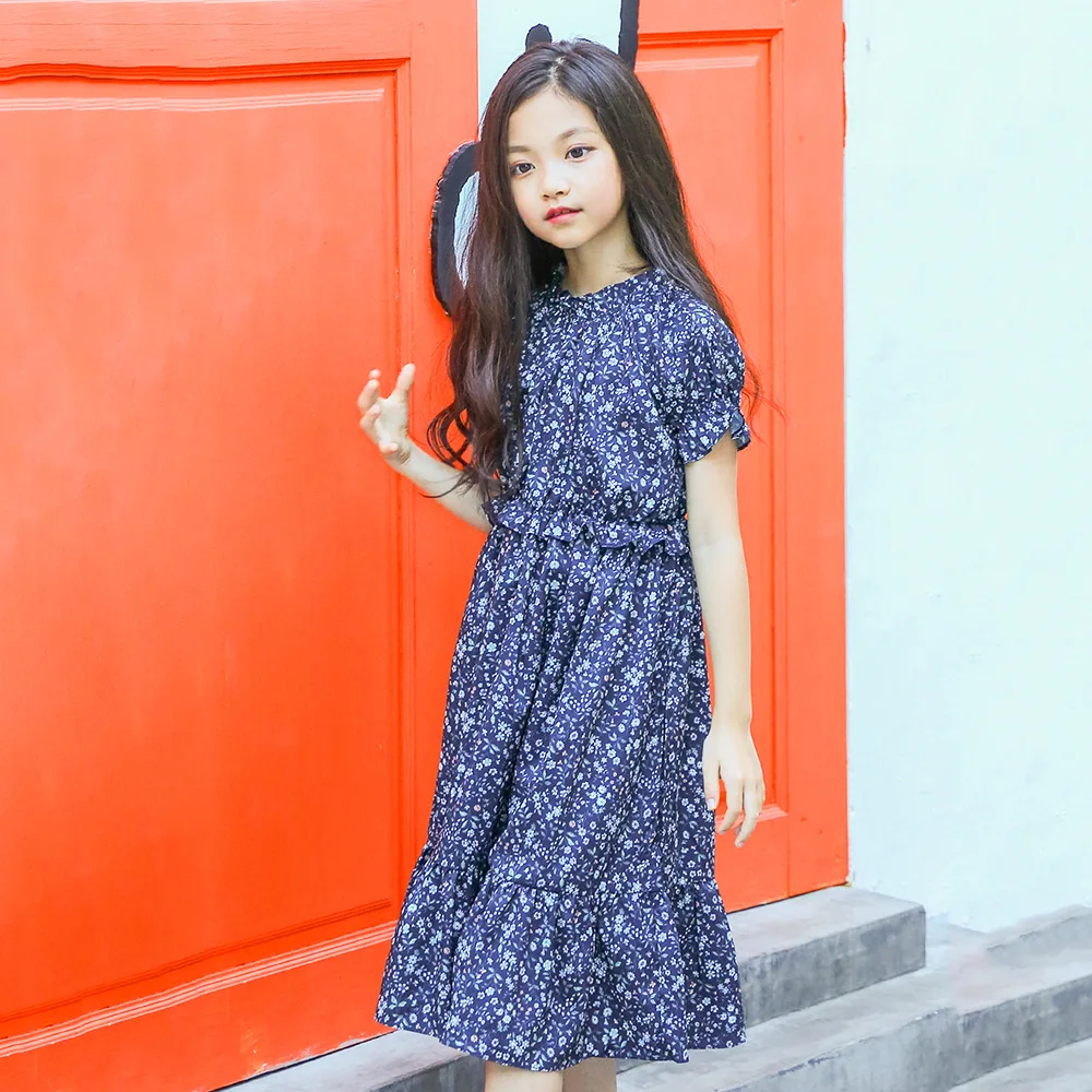 

Big Teenager Girls Long Dress Flower Print A Line Summer 2018 Blue Dress For Teen Kids Children Clothing Brief Princess Dress