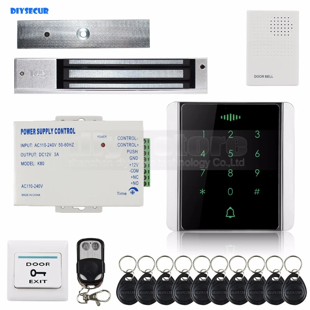 

DIYSECUR 125KHz RFID Reader Password Keypad + 280kg Magnetic Lock + Doorbell + Remote Control Access Control System Security Kit