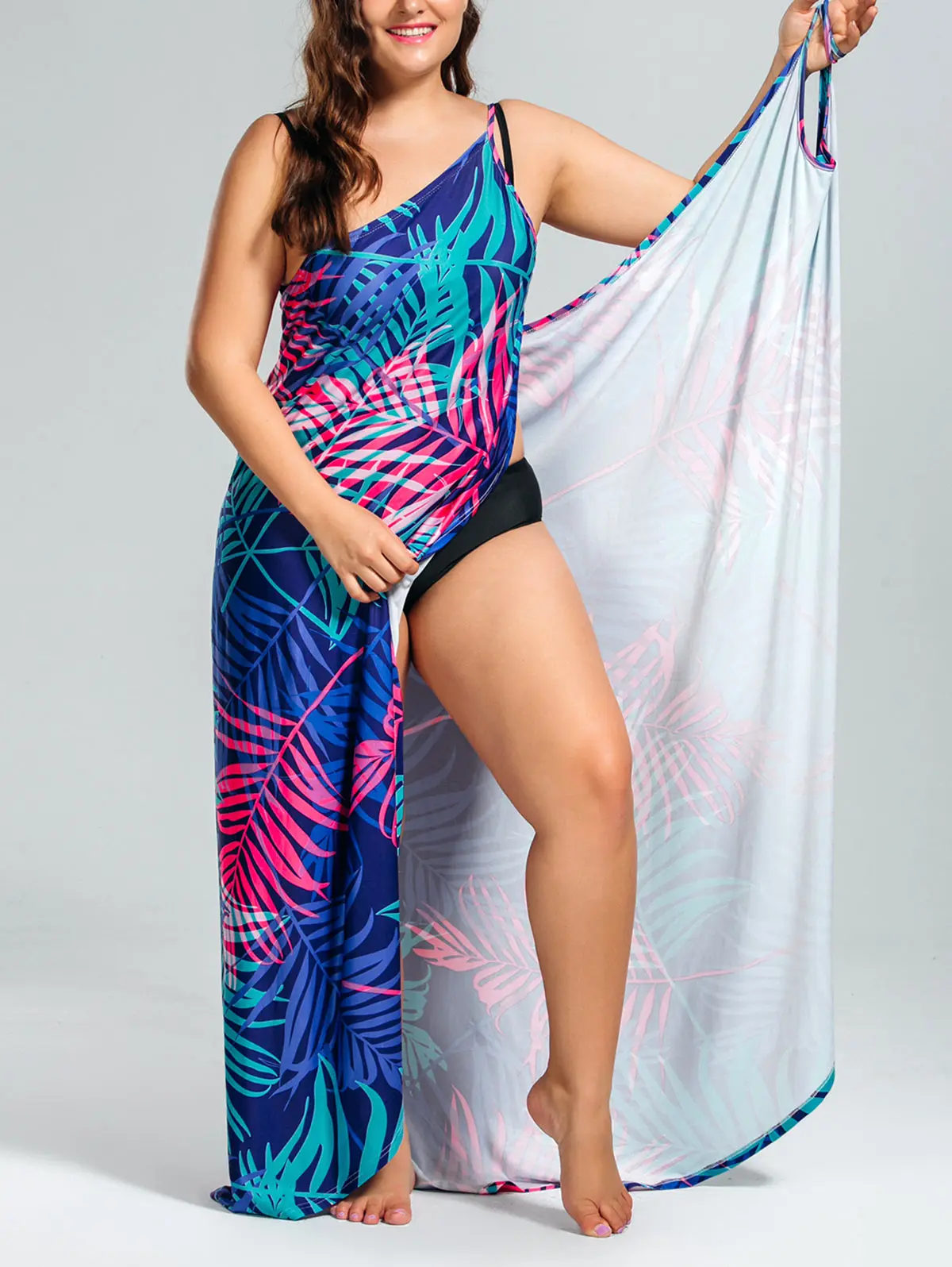 

Wipalo Tropical Leaf Print Plus Size Maxi Dress Women Dresses Summer Beach Dress Vestidos Spaghetti Strap Floor-Length Robe 5XL