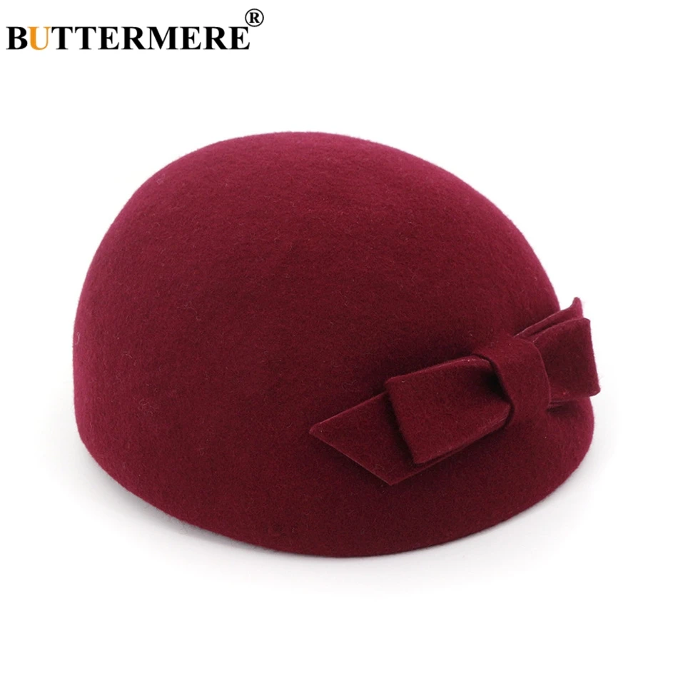 BUTTERMERE, красный берет для женщин, шерсть, элегантная шляпа-федора, для девушек, бант, британский стиль, одноцветная, для свадьбы, Осень-зима, Классическая Кепка художника для женщин - Цвет: burgundy beret